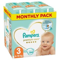 Подгузники PAMPERS Premium Monthly Pack 3 размер, 6-10 кг, 204 шт. цена и информация | Пеленки | kaup24.ee