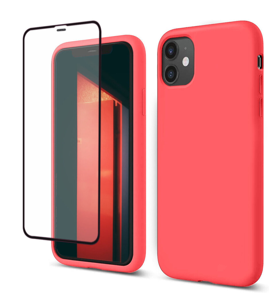 Protection set -silikoonist ümbris Apple iPhone 11 (real liquide Easy clean) roosa - Neon Coral + ekraani kaitseklaas 5D цена и информация | Telefoni kaaned, ümbrised | kaup24.ee