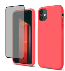 Protection set -silikoonist ümbris Apple iPhone 11 (real liquide Easy clean) roosa - Neon Coral + ekraani kaitseklaas Privacy цена и информация | Чехлы для телефонов | kaup24.ee