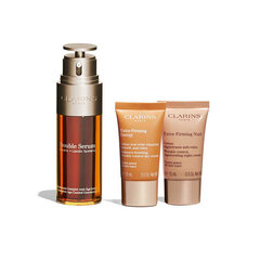 Näonaha hoolduskomplekt Clarins: Double Serum kontsentraat, 20 ml + Extra-Firming päevakreem kõikidele nahatüüpidele, 15 ml + Extra-Firming öökreem, 15 ml + kosmeetikakott цена и информация | Кремы для лица | kaup24.ee