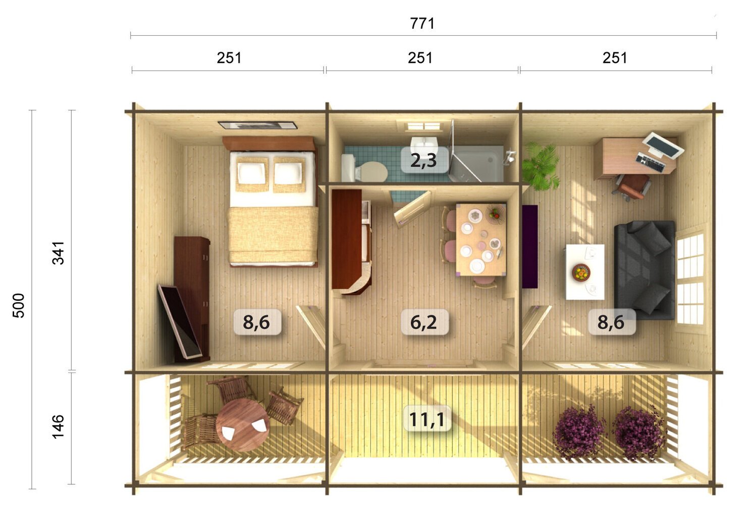 Suvemaja Sander 25,6 +11,1 m² 3 toa, pesuruumi ja verandaga hind ja info | Kuurid ja aiamajad | kaup24.ee