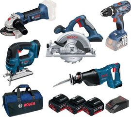 BOSCH 18V 5 TÖÖRIISTADE KOMPLEKT (GSR18V-28 / GST / GWS18-125V-LI / GKS18V-LI / GSA18V-LI) 3x4,0Ah + KOTT цена и информация | Механические инструменты | kaup24.ee