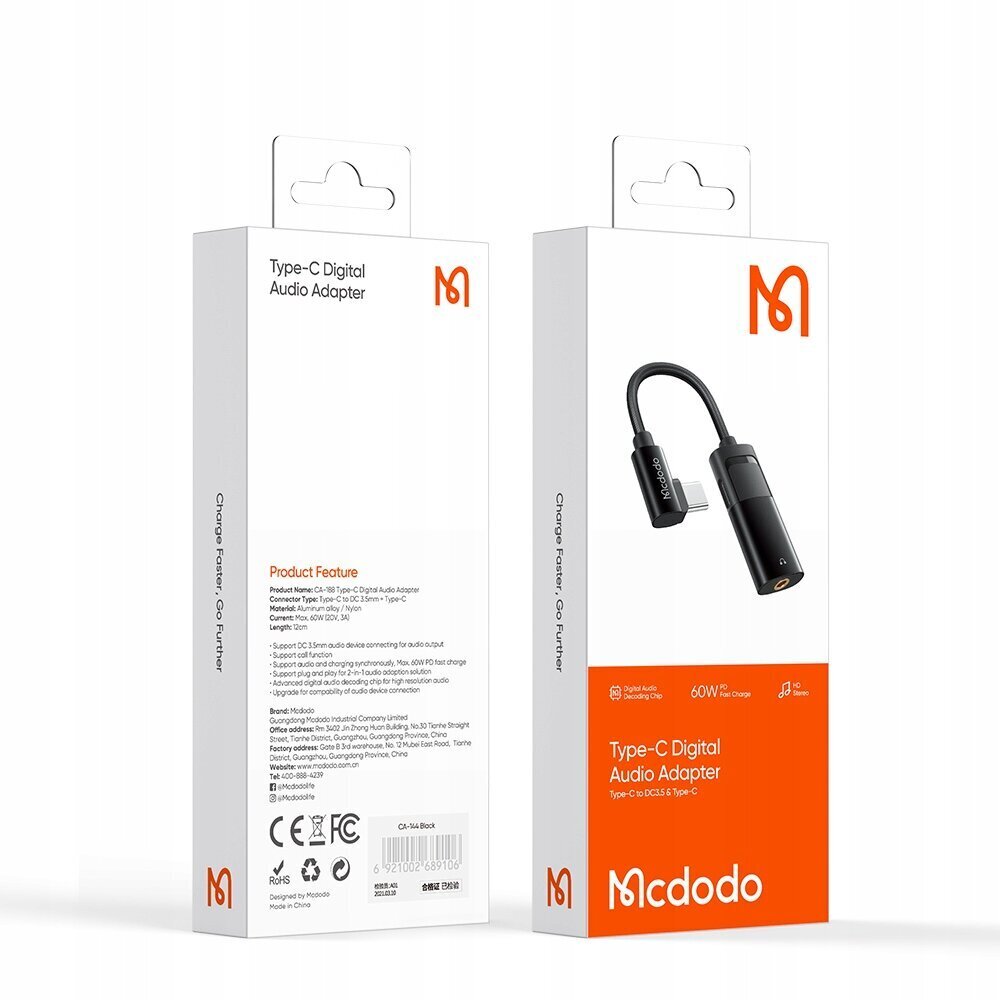 Mcdodo telefoniadapter, USB C, minipesa 3,5 mm, koos DAC-ga CA-1880 hind ja info | Mobiiltelefonide kaablid | kaup24.ee