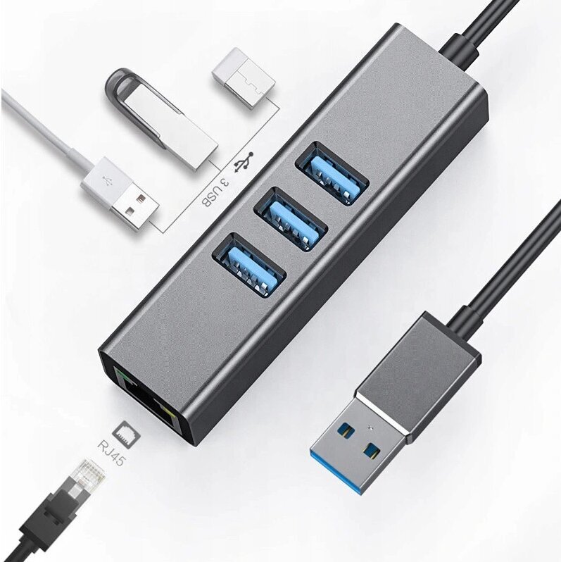 Adapter HUB 3.0 , 3 USB 3.0 porti + Ethernet RJ45 Gigabit 1000 MB Windowsile, MacOs, Linuxile hind ja info | USB jagajad, adapterid | kaup24.ee