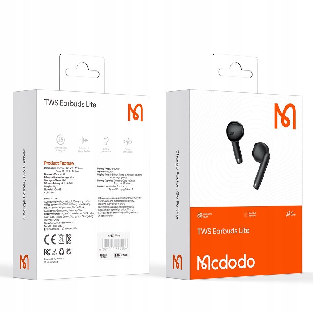 Mcdodo telefonikõrvaklapid, juhtmevabad, in-ear, koos ümbrisega, Bluetooth 5, valge hind ja info | Kõrvaklapid | kaup24.ee