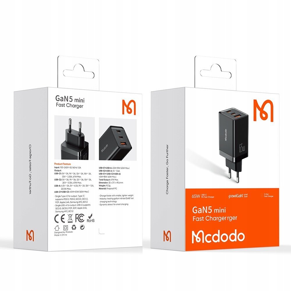 Mcdodo telefonilaadija, GaN 5 PRO, kiirlaadimine, USB-C, USB-A, 65W, kaabel kaasas, must, CH-1542 hind ja info | Mobiiltelefonide laadijad | kaup24.ee