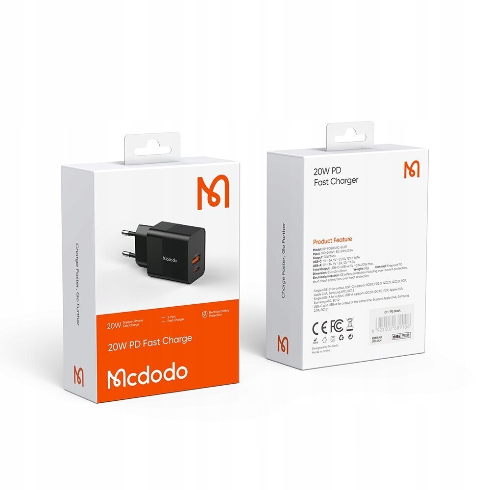 Mcdodo telefonilaadija, kiire, USB, USB-C, 20W, Iphone'ile, universaalne, must цена и информация | Mobiiltelefonide laadijad | kaup24.ee