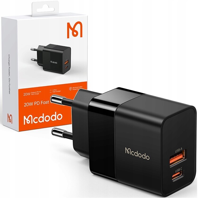 Mcdodo telefonilaadija, kiire, USB, USB-C, 20W, Iphone'ile, universaalne, must цена и информация | Mobiiltelefonide laadijad | kaup24.ee