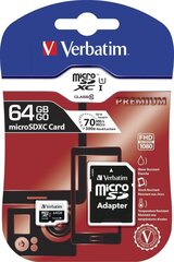 "verbatim micro secure digital card premium, 64 gb, micro sdxc, 44084, uhs-i u1 (klass 10), koos adapteriga". hind ja info | Fotoaparaatide mälukaardid | kaup24.ee