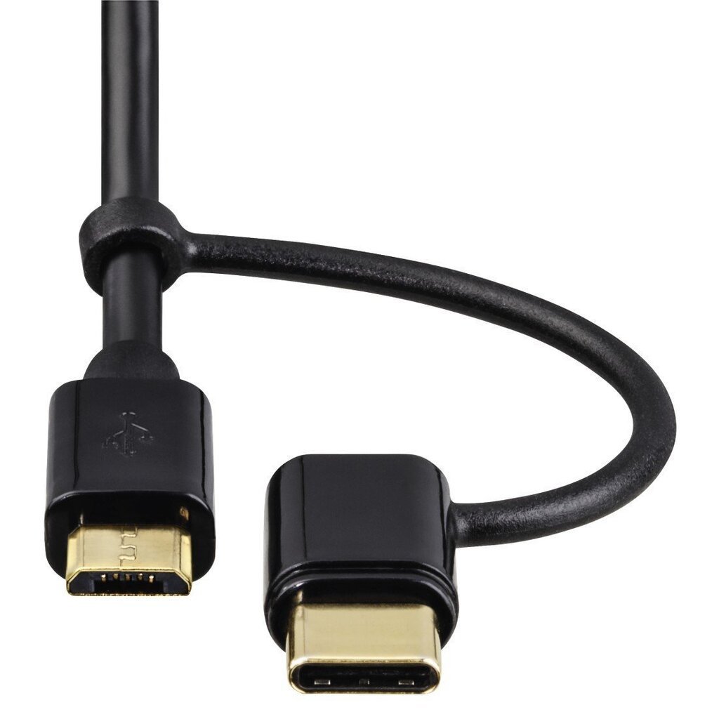 Mikro-USB kaabel Hama 2in1 koos USB-C adapteriga, kullatud kontaktid, varjestatud, 1 m, must hind ja info | Kaablid ja juhtmed | kaup24.ee