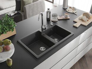 Graniidist köögivalamu Mexen Tomas koos sifooniga, Black granite hind ja info | Köögivalamud | kaup24.ee