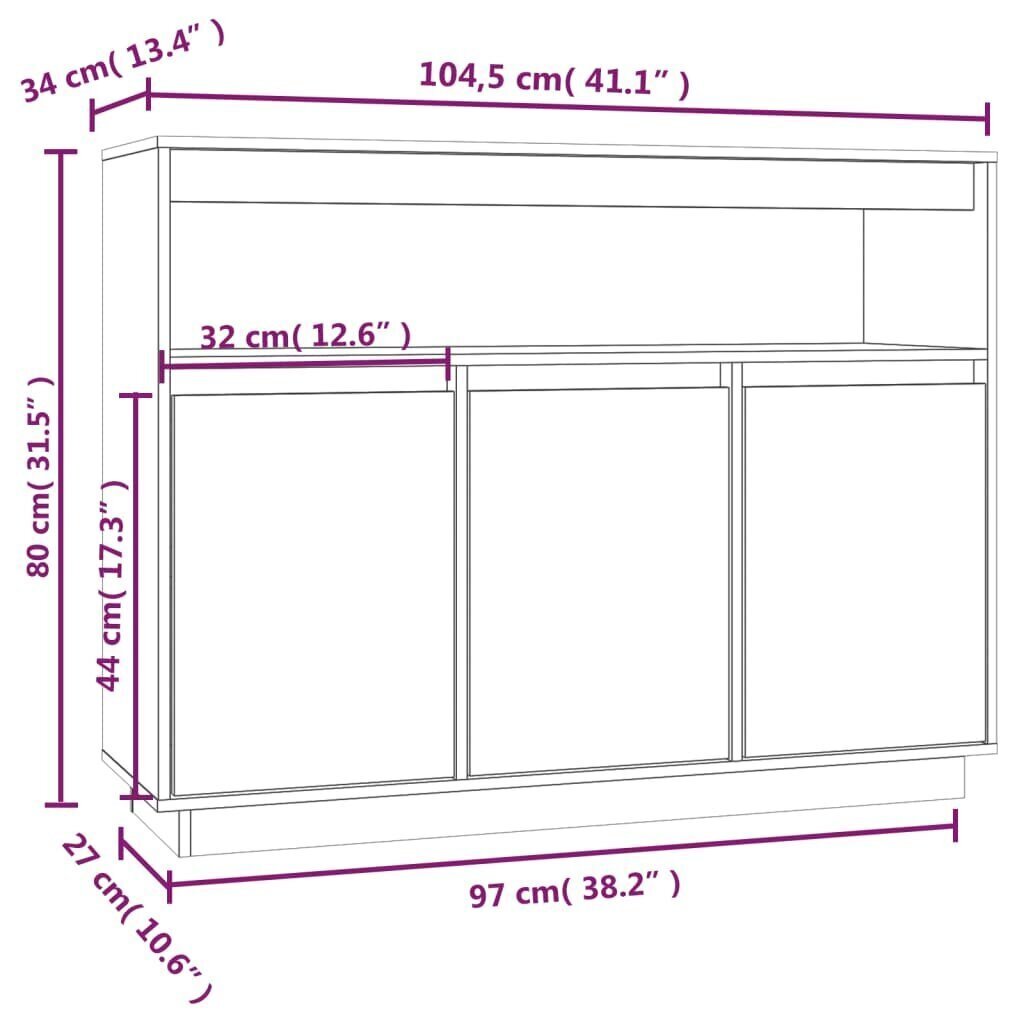 vidaXL puhvetkapp, valge, 104,5 x 34 x 80 cm, männipuit цена и информация | Elutoa väikesed kapid | kaup24.ee