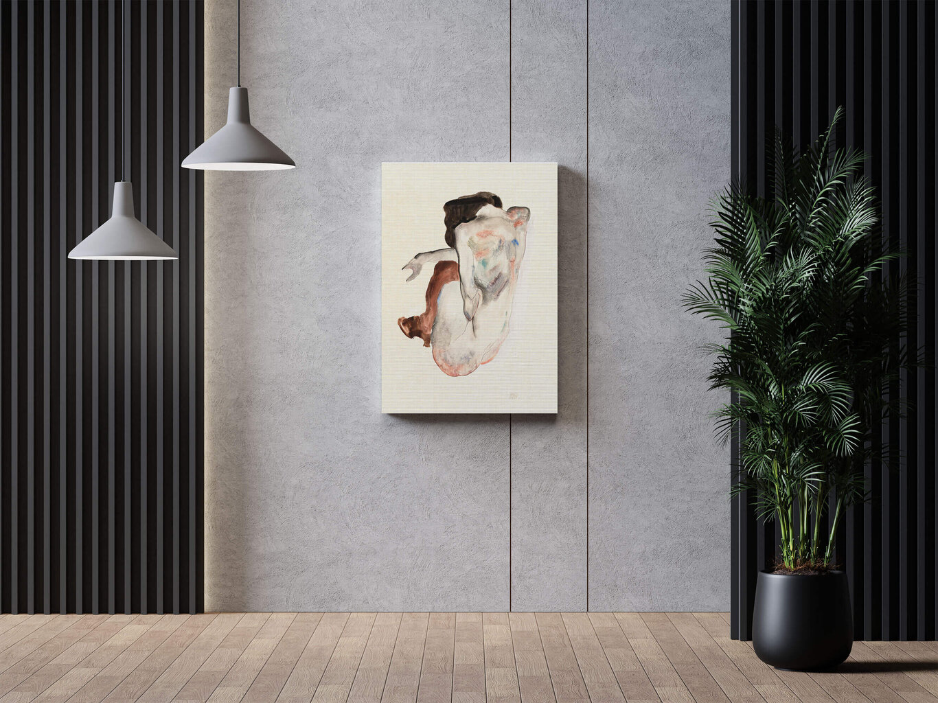 Reproduktsioon Kükitades alasti kingades ja mustades sukkades (Egon Schiele), 100x70 cm hind ja info | Seinapildid | kaup24.ee