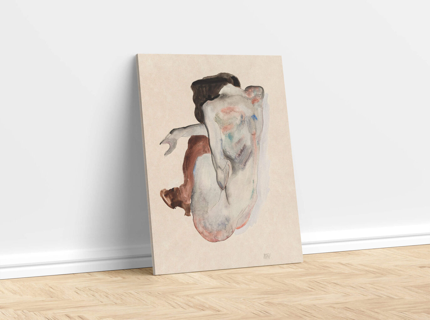 Reproduktsioon Kükitades alasti kingades ja mustades sukkades (Egon Schiele), 40x60 cm hind ja info | Seinapildid | kaup24.ee