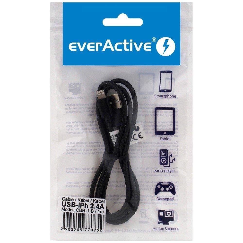 Punutud kaabel USB-Lightning/iPhone everActive CBB-1IB 100 cm, mis toetab kiiret (lightning) laadimist kuni 2,4 A must hind ja info | Kaablid ja juhtmed | kaup24.ee