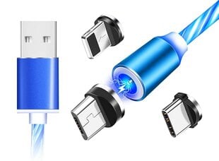 Магнитный кабель с синей светодиодной подсветкой 3в1 Usb-C, Micro USB, iPhone Lightning цена и информация | Кабели для телефонов | kaup24.ee