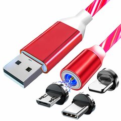 Магнитный кабель с красной светодиодной подсветкой 3в1 Usb-C, Micro USB, iPhone Lightning цена и информация | Кабели для телефонов | kaup24.ee