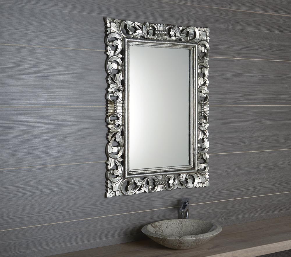 Vannitoa peegel, puidust raam, käsitsi nikerdatud, 70x100 cm, SAMBLUNG hõbedane hind ja info | Vannitoa peeglid | kaup24.ee