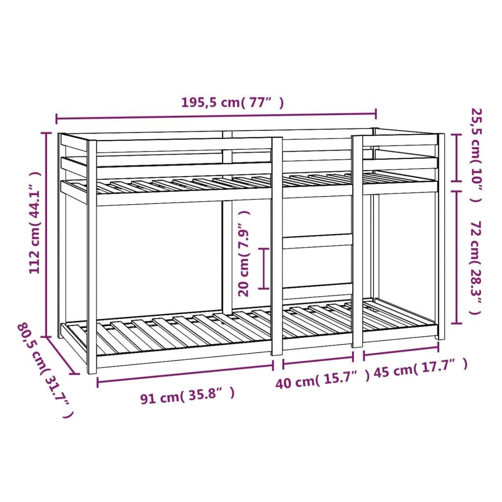 vidaXL narivoodi, Must, 75x190 cm, männipuit hind ja info | Lastevoodid | kaup24.ee