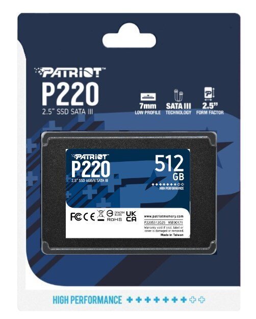 Patriot P220, 512GB (P220S512G25) hind ja info | Sisemised kõvakettad (HDD, SSD, Hybrid) | kaup24.ee