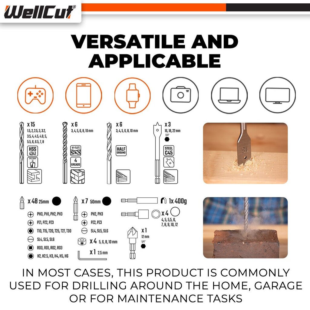 Puuride ja keerdotsikute komplekt, 101 tk. UK BRAND, WellCut® WC-DB101U hind ja info | Käsitööriistad | kaup24.ee