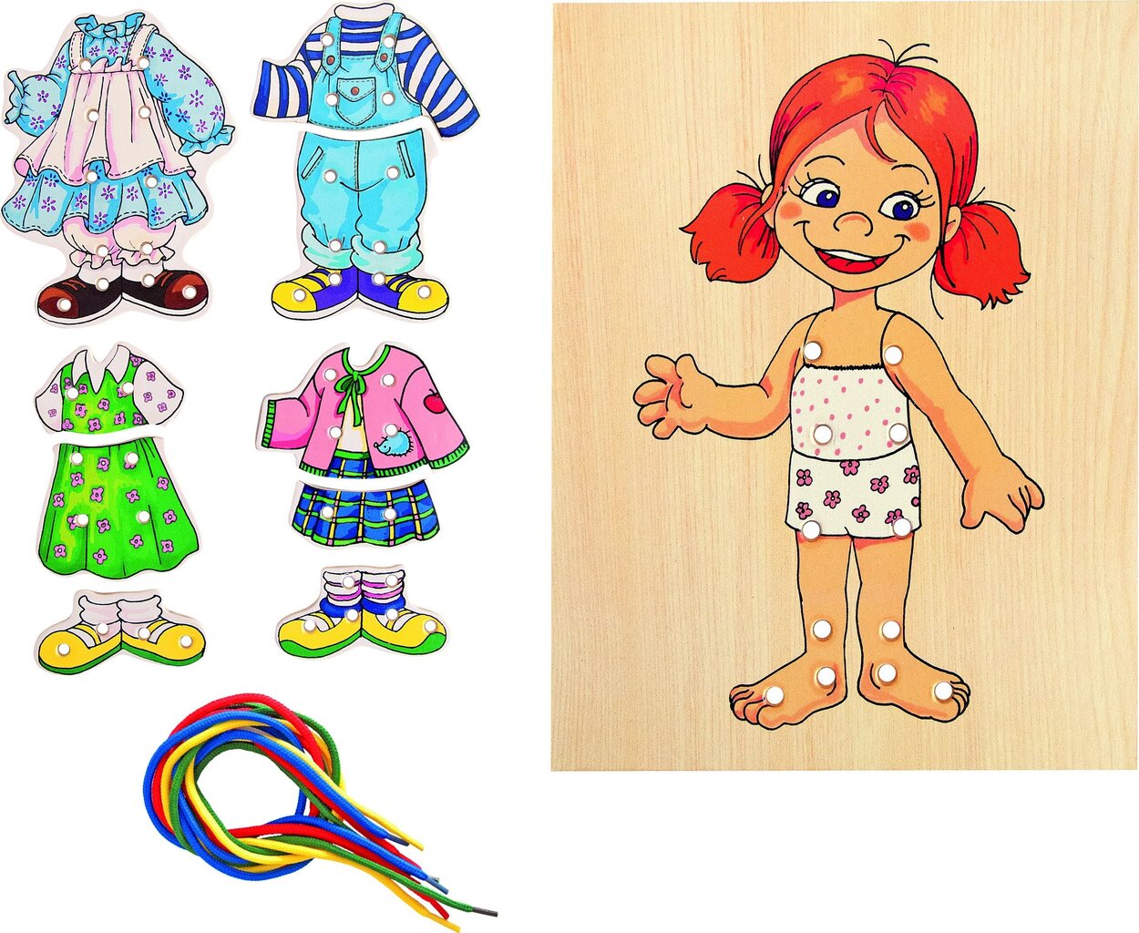 Woody 90017 Eco Wooden Educational hand motoric skills - Lacing Dress-up puzzle Baby Girl (13pcs) for kids 3y+ (18x22cm) цена и информация | Tüdrukute mänguasjad | kaup24.ee