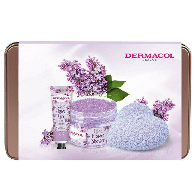 Komplekt Dermacol Lilac Flower Care: kätekreem 30 ml + kehakoorija 200 g + lõhnaküünal hind ja info | Kehakoorijad | kaup24.ee