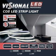 COB LED lint 12V / 14W/m / 4000K / NW - neutraalne valge / 1400 LM/m / CRI >97 Visional Professional, 5m pakendis цена и информация | Светодиодные ленты | kaup24.ee