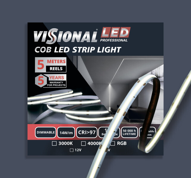 COB LED lint 12V / 14W/m / 4000K / NW - neutraalne valge / 1400 LM/m / CRI >97 Visional Professional, 5m pakendis цена и информация | LED ribad | kaup24.ee