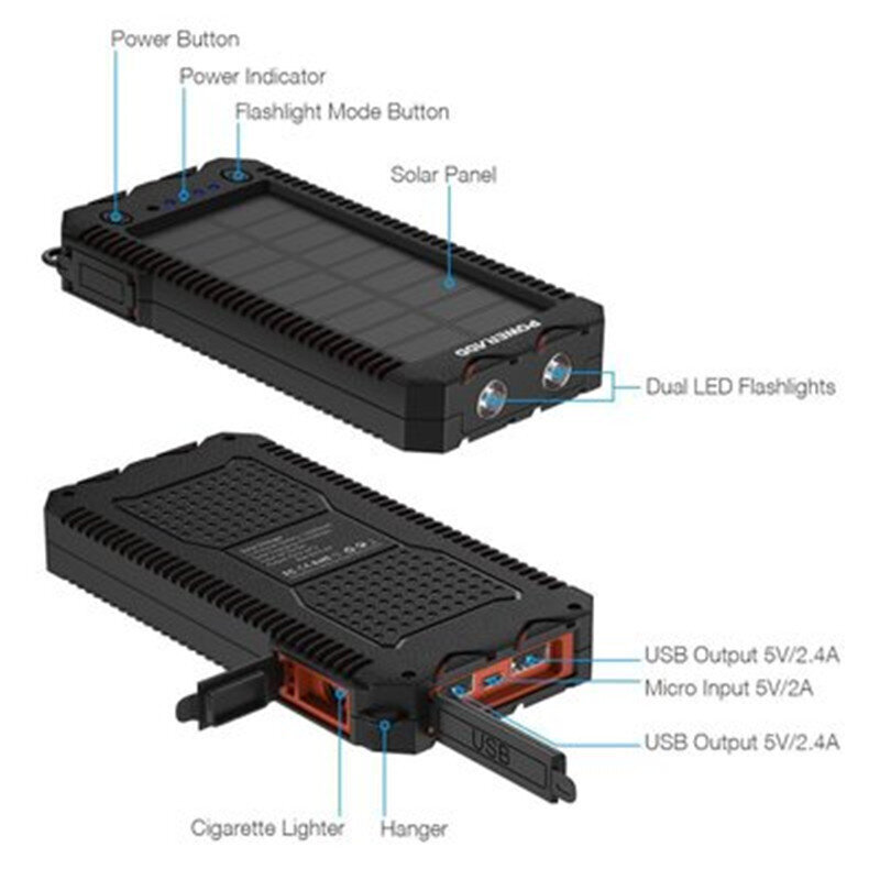 3in1 päikesepatarei taskulambi tulemasin 20 000 mAh 2xUSB 2A цена и информация | Akupangad | kaup24.ee