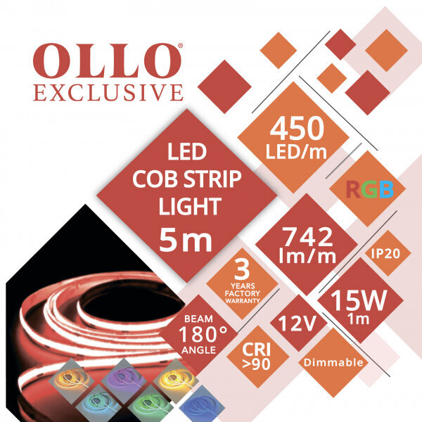 COB LED-riba, 12V / 15W/m / RGB - mitmevärviline, 5m hind ja info | LED ribad | kaup24.ee