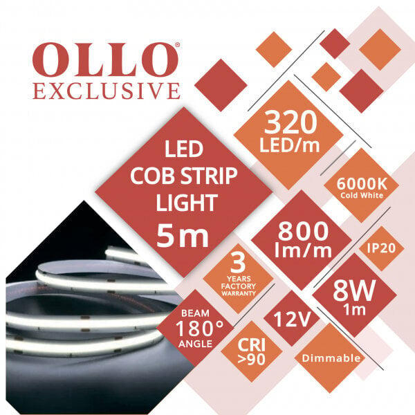 COB LED-riba, 12V / 8W/m / 6000K / CW - külm valge, 5m цена и информация | LED ribad | kaup24.ee