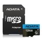 Mälukaart ADATA Premier 128 GB microSDXC UHS-I, klass 10 + adapter цена и информация | Mobiiltelefonide mälukaardid | kaup24.ee