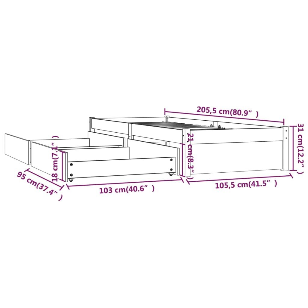 vidaXL voodiraam sahtlitega, valge, 100 x 200 cm hind ja info | Voodid | kaup24.ee