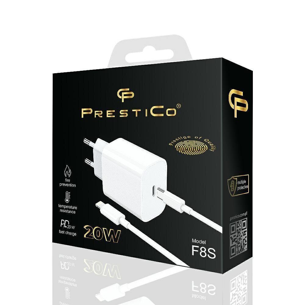 Laadija Prestico F8S USB-C + Lightning 20W PD, valge hind ja info | Mobiiltelefonide laadijad | kaup24.ee