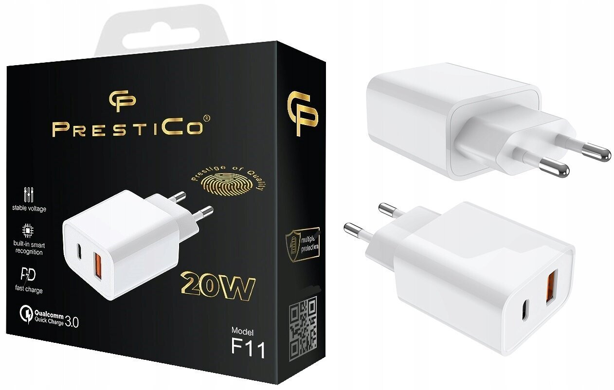 PRESTICO F11 USB-A+USB-C QC+PD 20W, valge hind ja info | Mobiiltelefonide laadijad | kaup24.ee