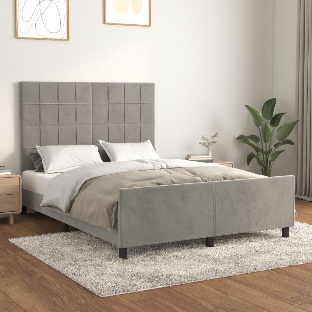 vidaXL voodiraam peatsiga, helehall, 140x190 cm, samet hind ja info | Voodid | kaup24.ee