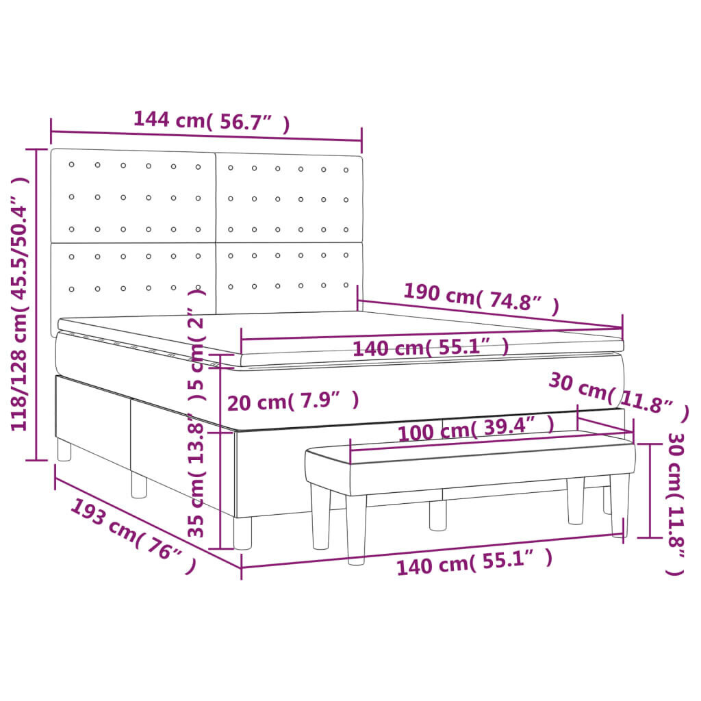 vidaXL kontinentaalvoodi madratsiga, tumepruun, 140x190 cm, kangas цена и информация | Voodid | kaup24.ee