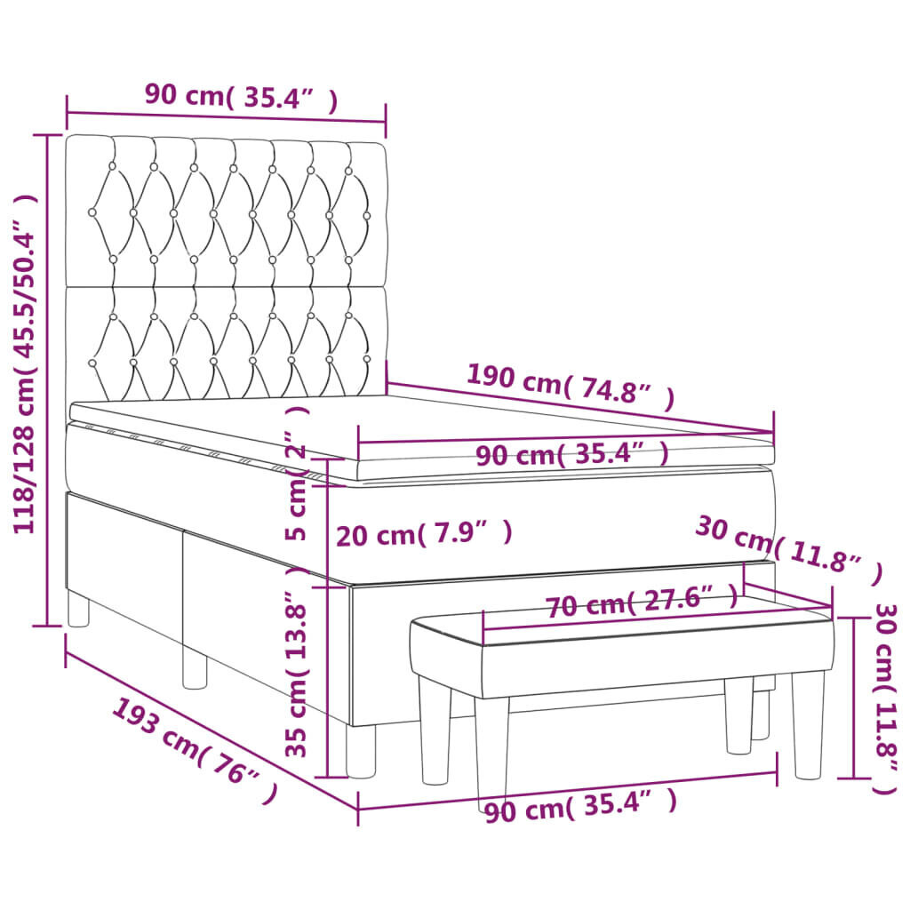 vidaXL kontinentaalvoodi madratsiga, tumehall, 90x190 cm, kangas цена и информация | Voodid | kaup24.ee