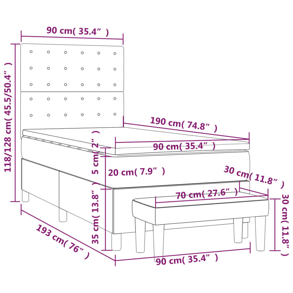 vidaXL kontinentaalvoodi madratsiga, tumehall, 90x190 cm, kangas hind ja info | Voodid | kaup24.ee