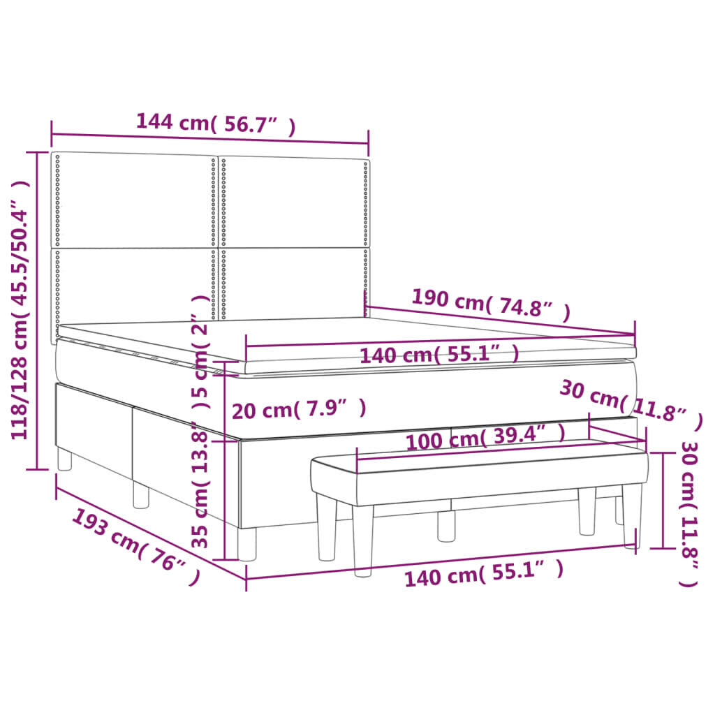 vidaXL kontinentaalvoodi madratsiga, helehall, 140x190 cm, samet цена и информация | Voodid | kaup24.ee