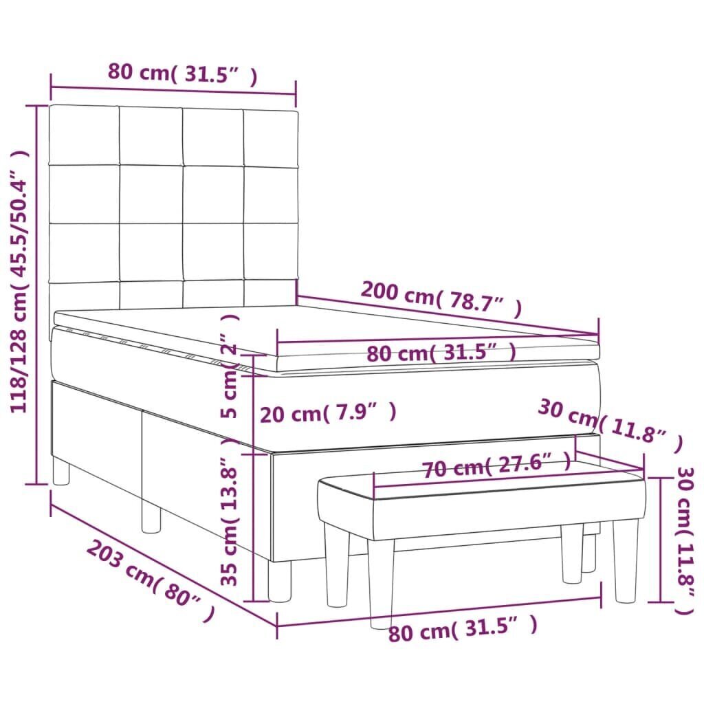 vidaXL kontinentaalvoodi madratsiga, tumeroheline, 80x200 cm, samet hind ja info | Voodid | kaup24.ee