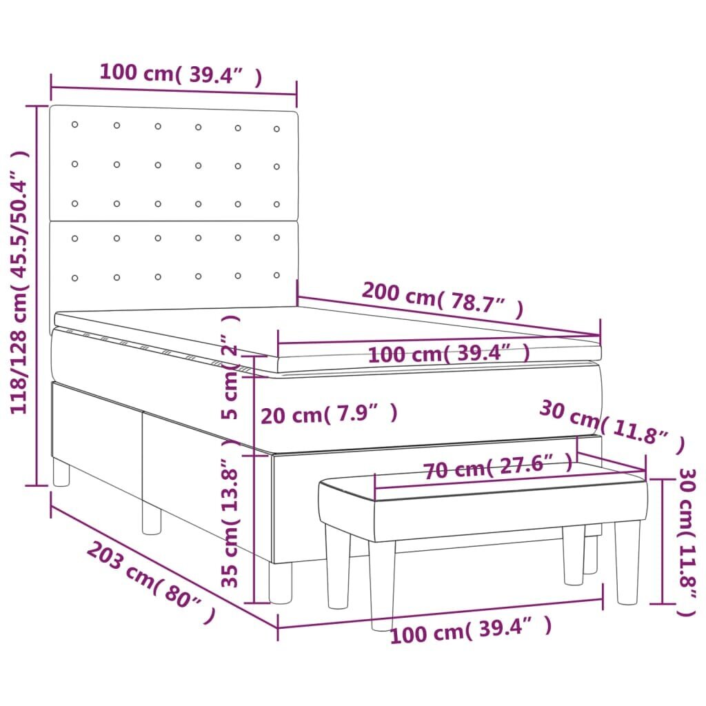 vidaXL kontinentaalvoodi madratsiga, tumehall, 100x200 cm, samet hind ja info | Voodid | kaup24.ee