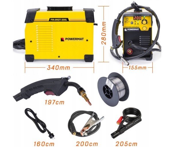 Powermat poolautomaatne keevitusmasin PM-IMGT-200L 20-200 MIG / MAG / FCAW / MMA / TIG hind ja info | Keevitusseadmed | kaup24.ee