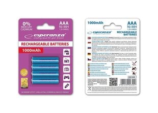 Перезаряжаемые батарейки esperanza AAA, 1000 мАч, 4 шт., синие цена и информация | Батерейки | kaup24.ee