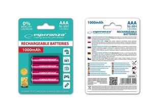 Перезаряжаемые батарейки esperanza AAA, 1000mAh, 4шт, красный цена и информация | Батерейки | kaup24.ee