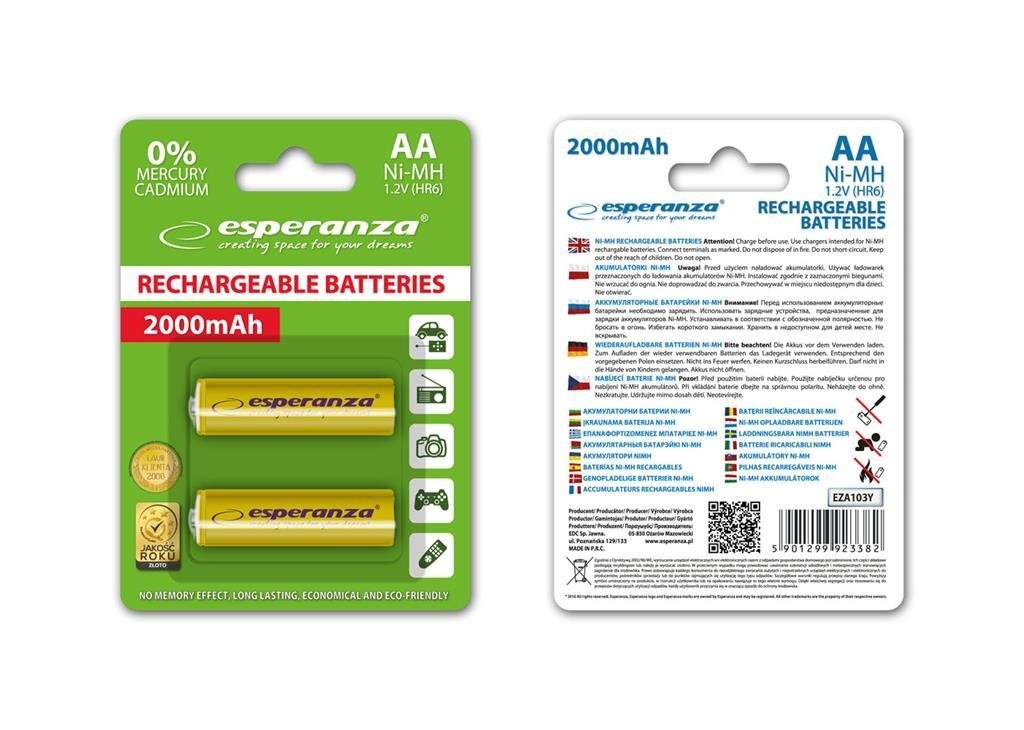 Taaslaetavad AA patareid Esperanza, 2000mAh, kollane цена и информация | Patareid | kaup24.ee