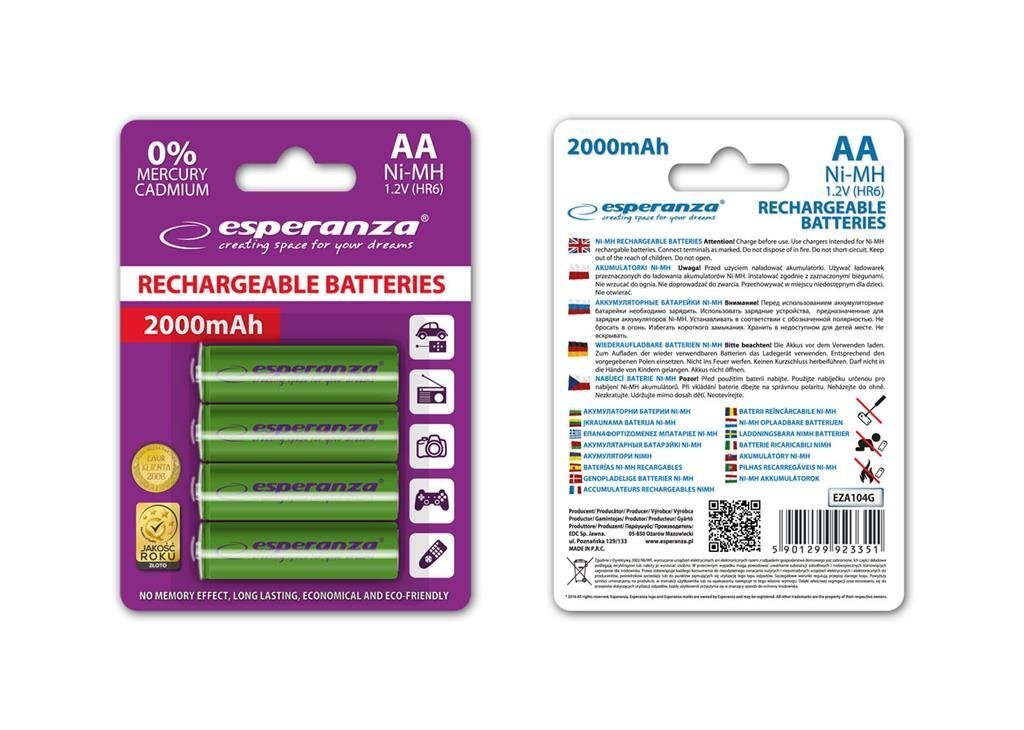 Laetav aku Esperanza EZA104G Ni-MH AA 2000MAH x4 hind ja info | Patareid | kaup24.ee