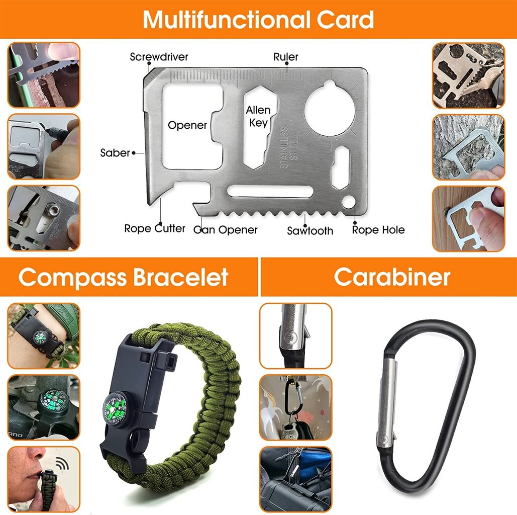 Ellujäämiskomplekt turismile 32 tk. (nuga, kompass, taskulamp, pliiats) hind ja info | Taskunoad, multifunktsionaalsed tööriistad | kaup24.ee