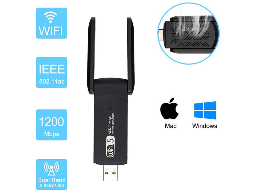 USB Wi-Fi adapter 1200MBps kahe wifi võrgukaart цена и информация | USB jagajad, adapterid | kaup24.ee